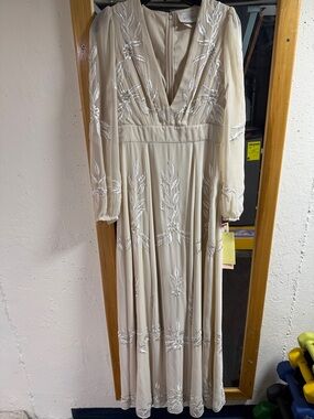 BHLDN Cream Embroidered V-Neck Maxi Dress